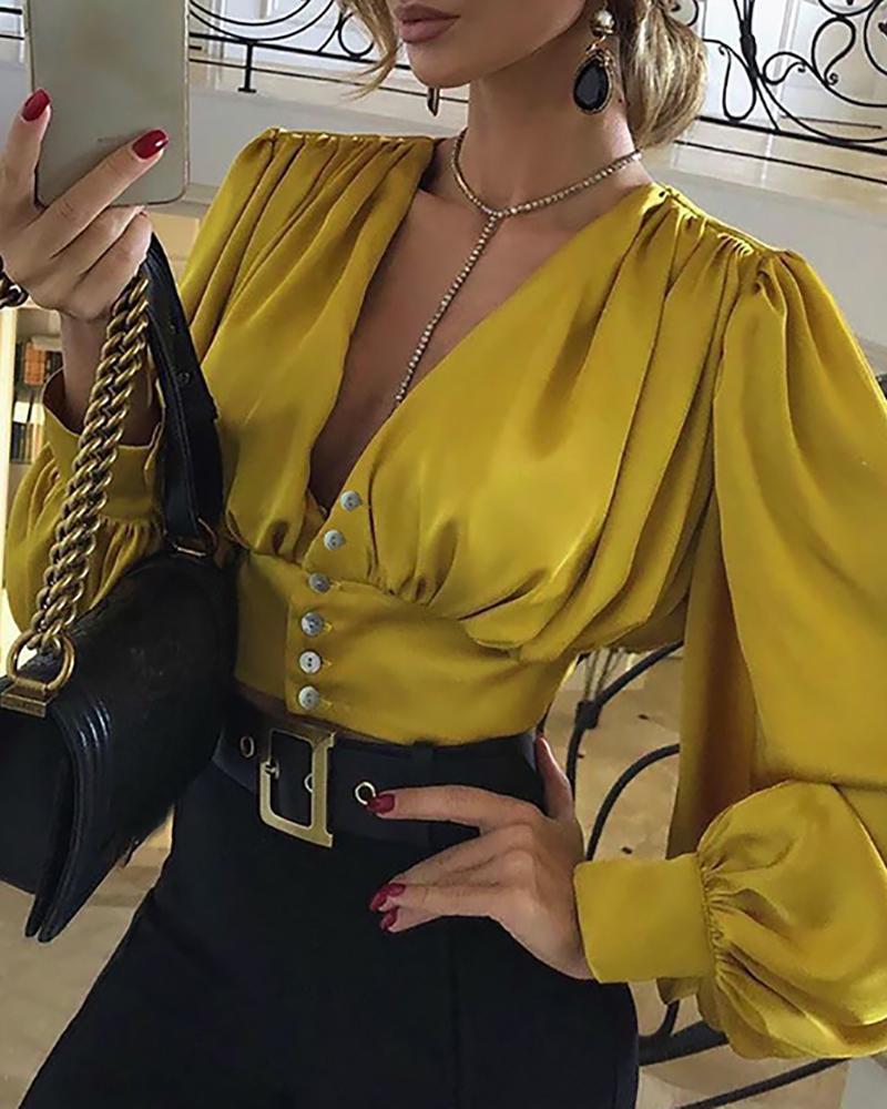 

Twisted Waist Ruched Buttoned Blouse, Yellow