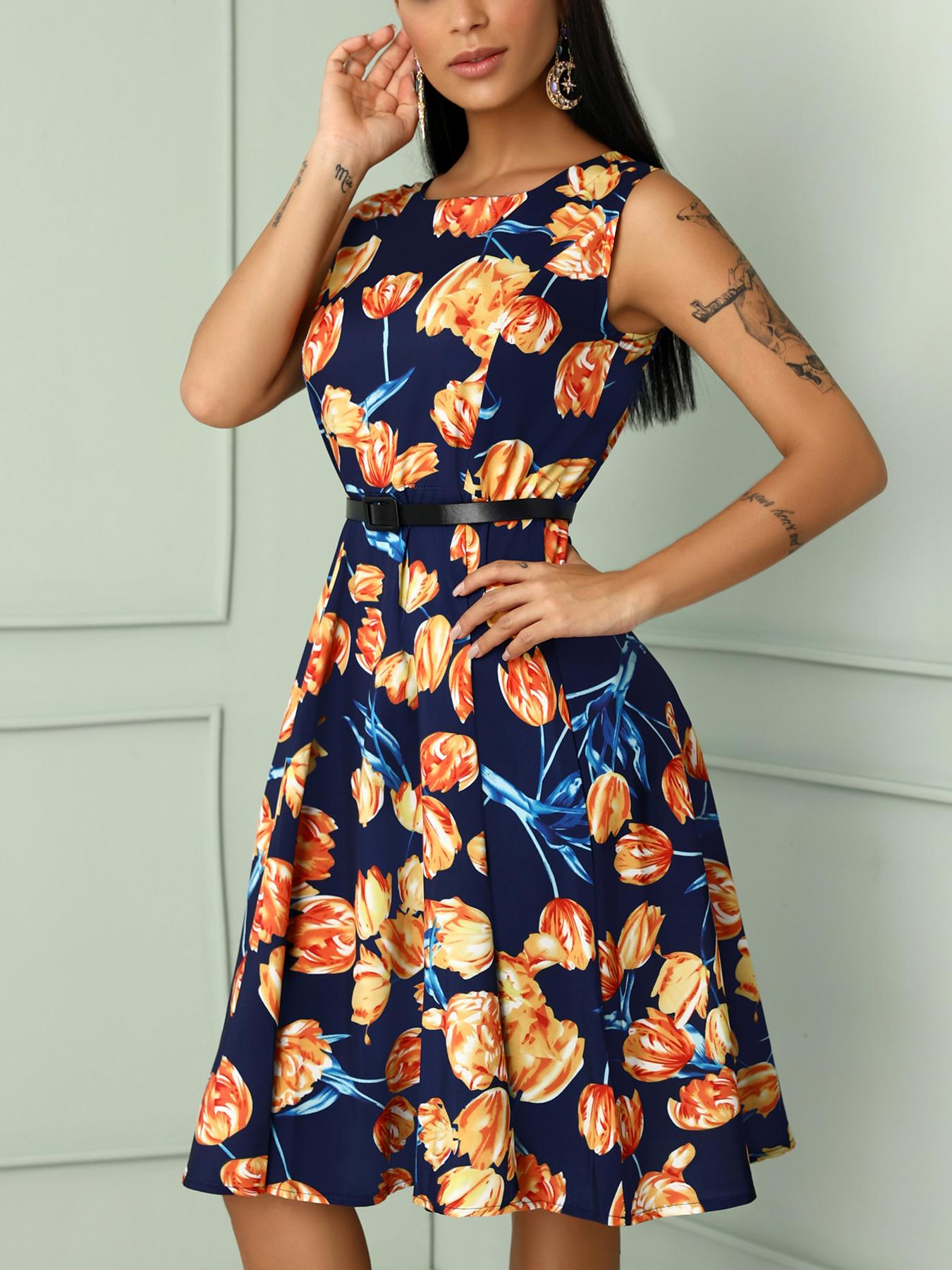 

Floral Print Self Belted Pleated Dress