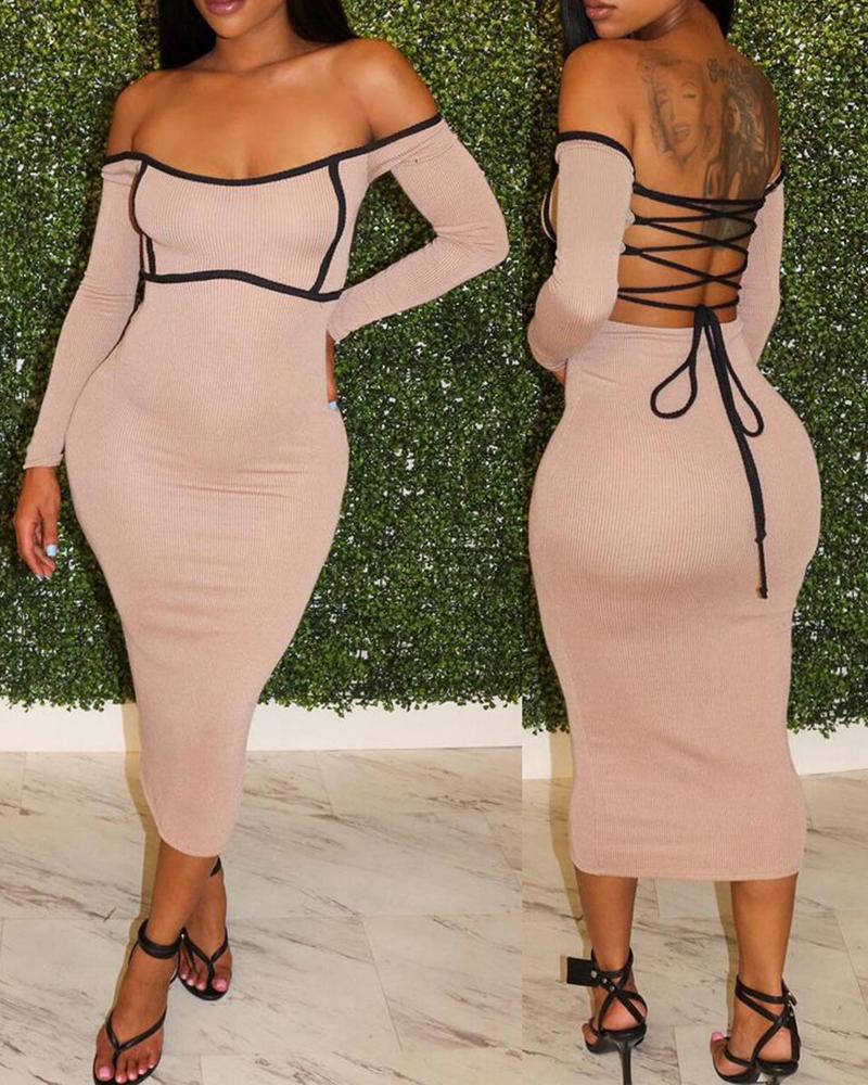 

Off Shoulder Lace-up Backless Ribbed Dress, Pink