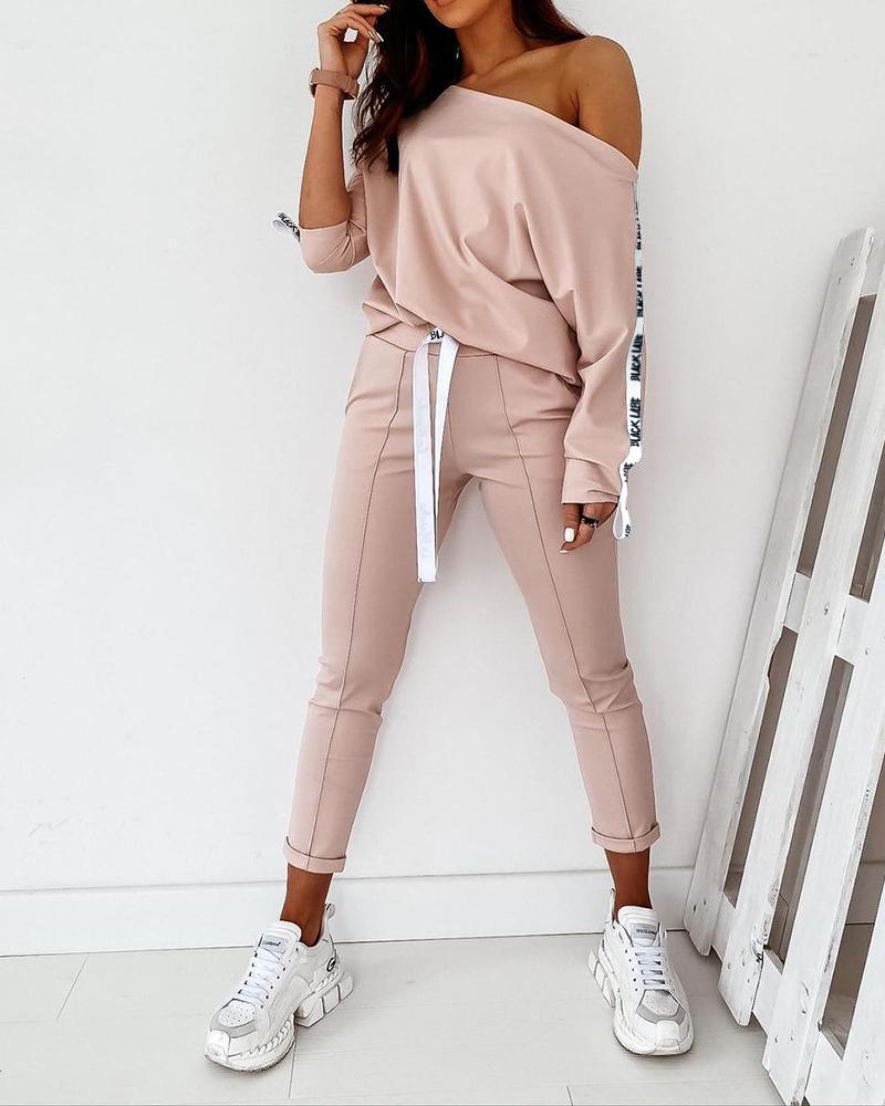 

Letter Print Tape Decor Long Sleeve Top & Pants Set, Pink