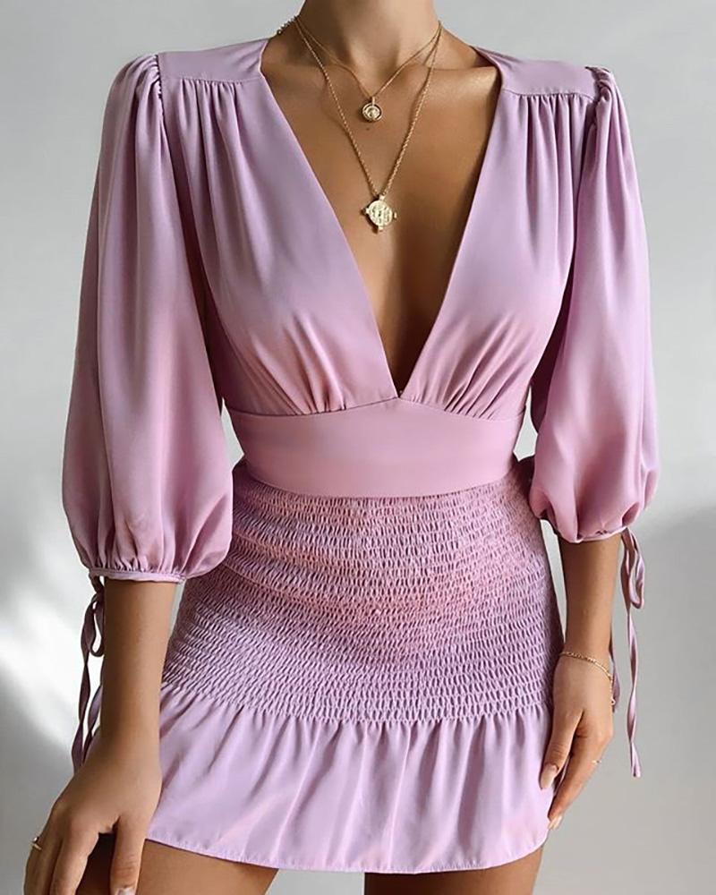 

Deep-V Shirred Ruched Dress, Pink