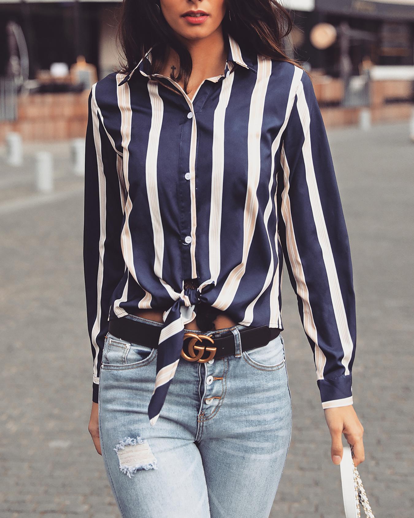 

Contrast Stripes Button Up Knot Front Blouse, Purplish blue