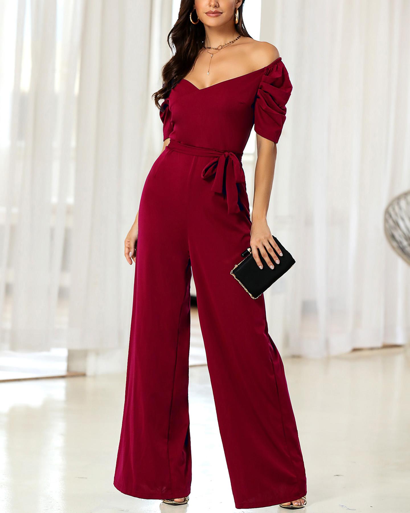 

Puff Sleeve Off Shoulder Belted Wrap Jumpsuit, Red