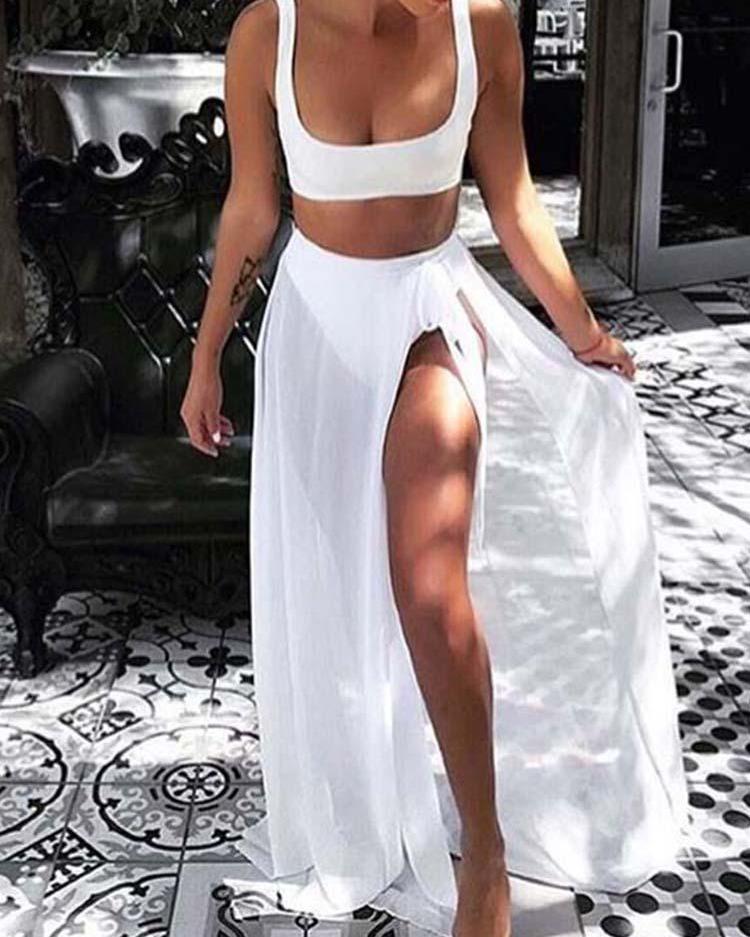 

Sexy Solid Bikini Wtih High Slit Skirt Sets, White