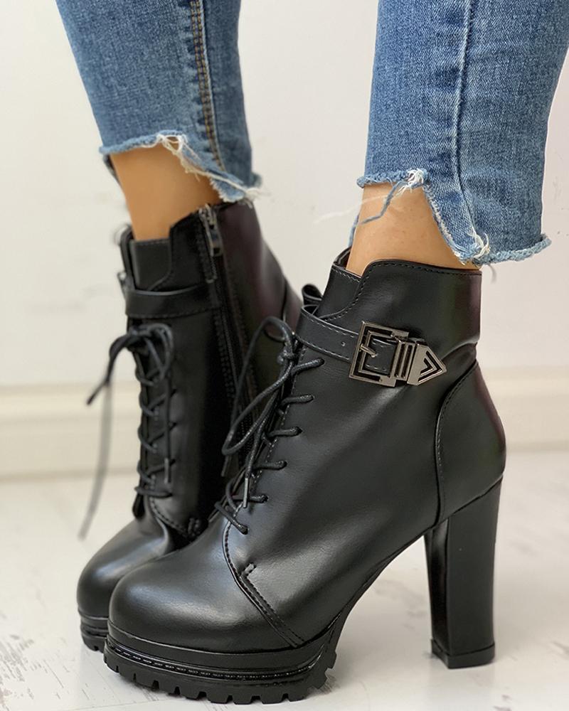 

Ankle-buckled Lace-Up Platform PU Chunky Heels, Black