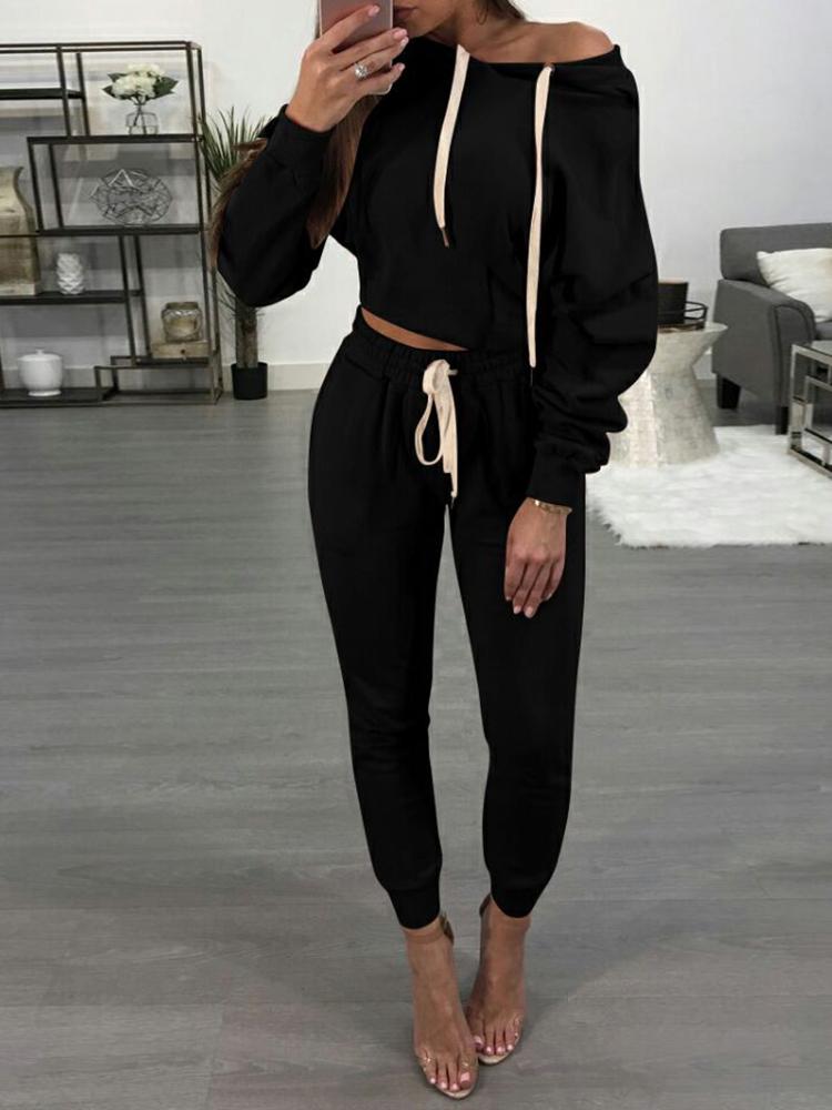 

Drawstring Hoodies Cropped Skinny Suit Set - Black