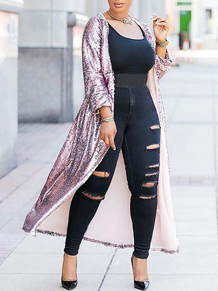 

Shiny Sequins Long Sleeve Coat, Pink