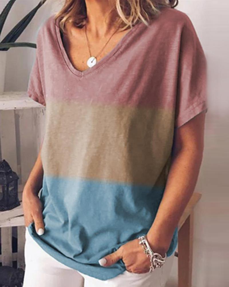 

Color Block Striped V-neck T-shirt, Purple