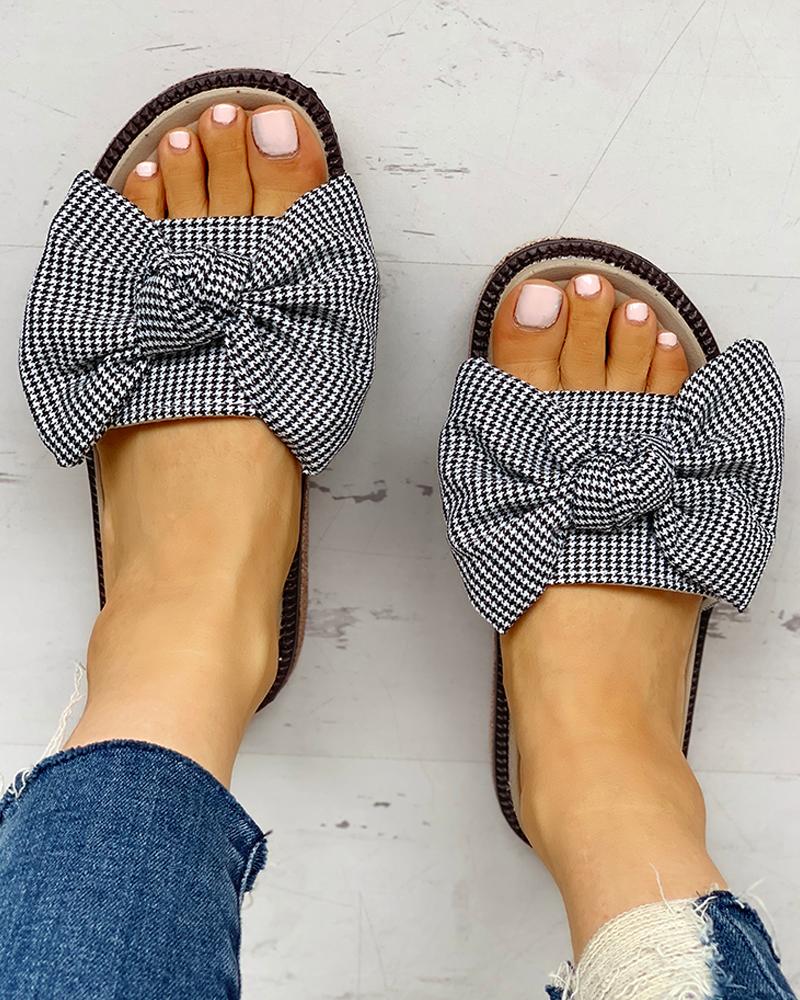

Houndstooth Bowknot Design Open Toe Sandals, Black