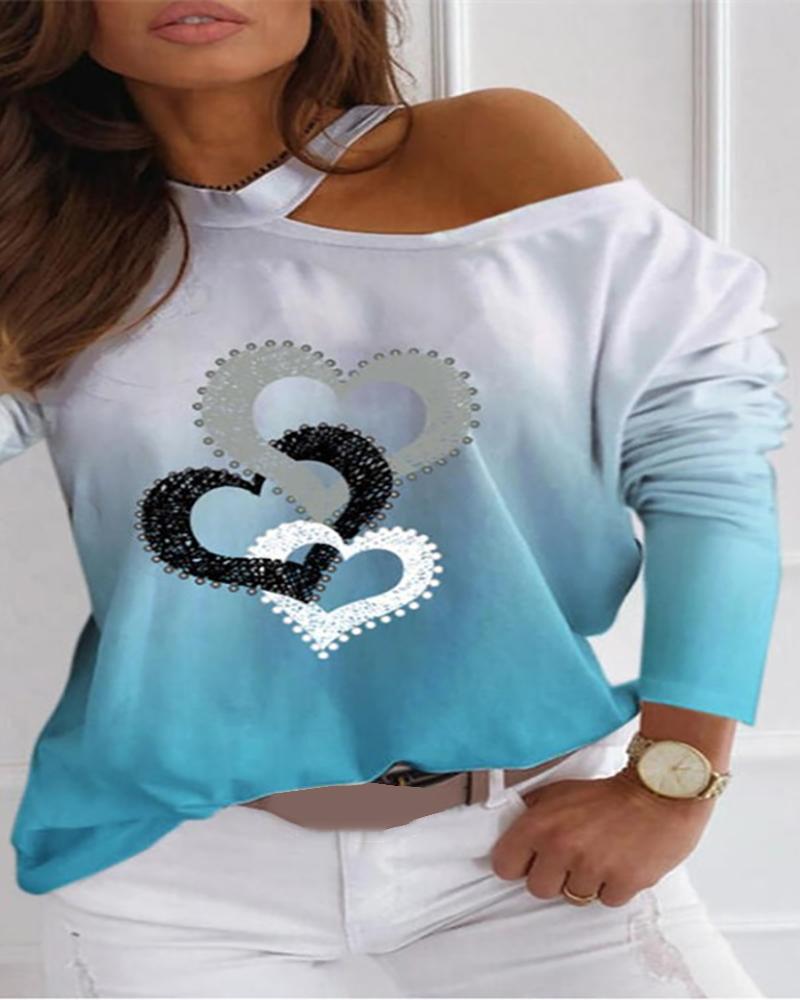 

Cold Shoulder Heart Print Long Sleeve Top, Light blue