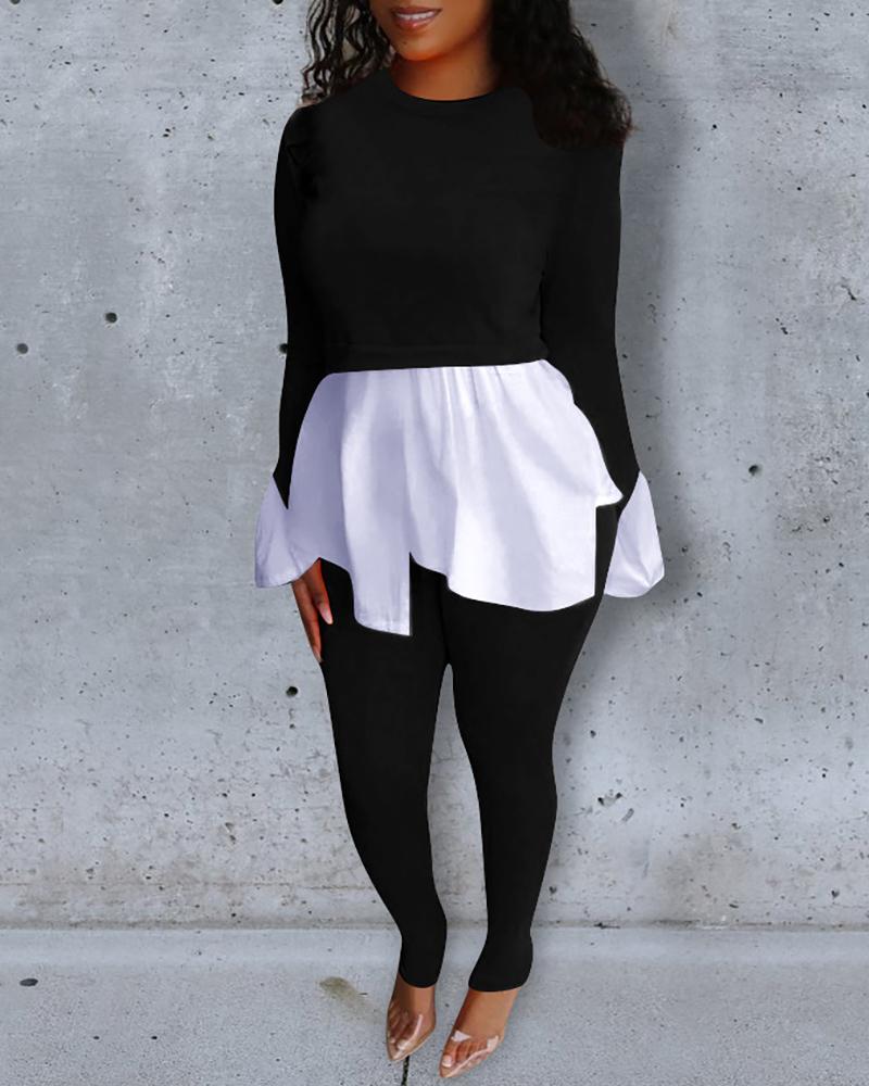

Round Neck Colorblock Insert Ruffles Top & Pants Sets, Black