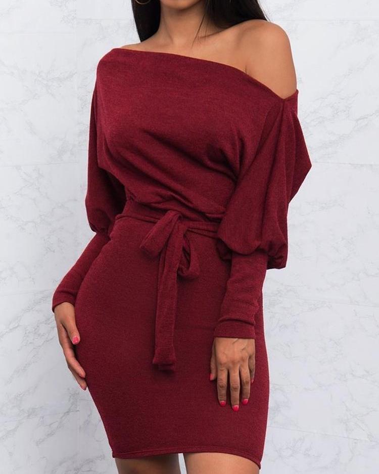 

Skew Neck Puffed Sleeve Belted Bodycon Dress, Dark red