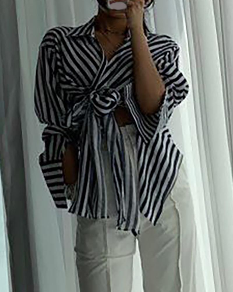 

Striped Colorblock Knotted Buttoned Shirt, Black