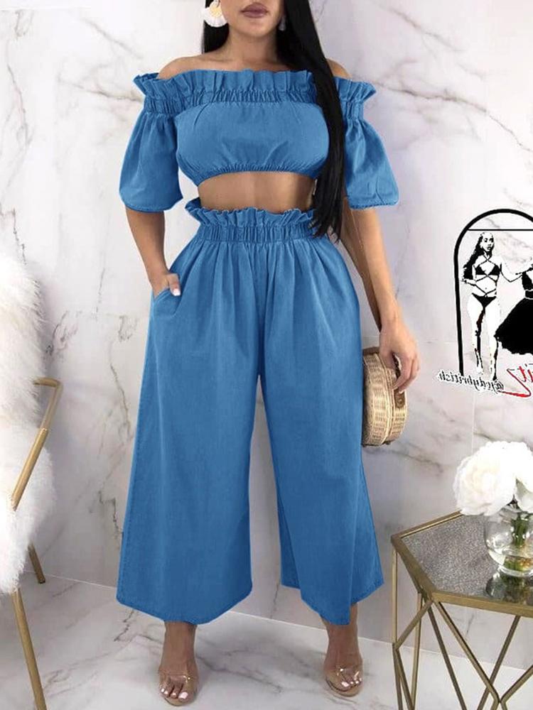 

Denim Frills Trim Off Shoulder Crop Top & Pants Sets