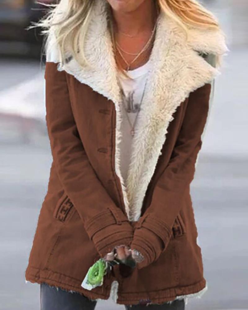 

Button Pocket Design Fluffy Super Thick Denim Coat, Brown