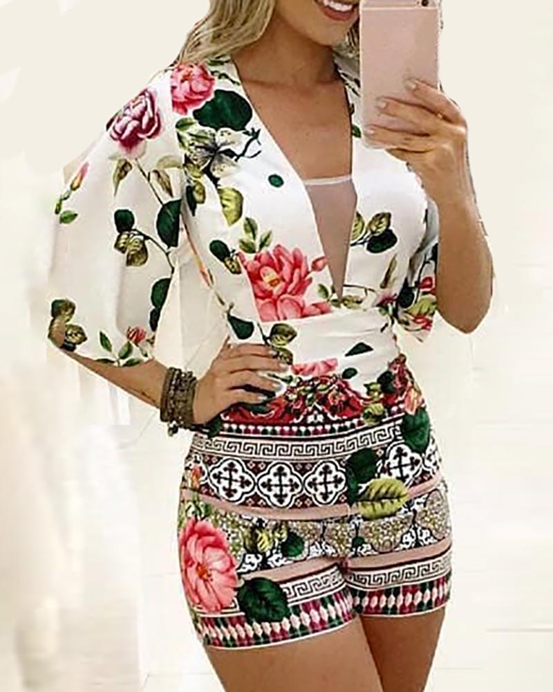 

Floral Print V-Neck Casual Romper, White