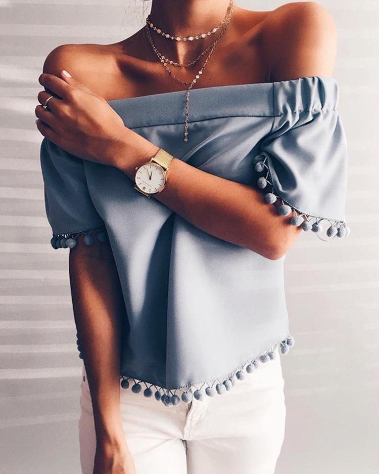 

Solid Off Shoulder Pom Poms Hem Top