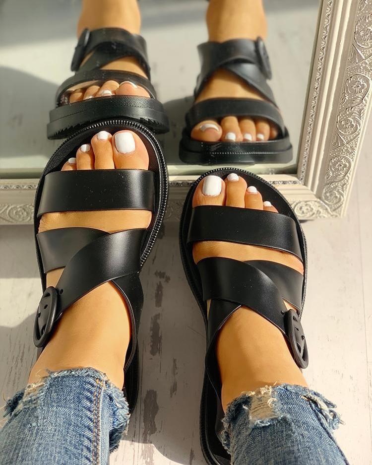 

Open Toe Crisscross Buckled Flat Sandals, Black