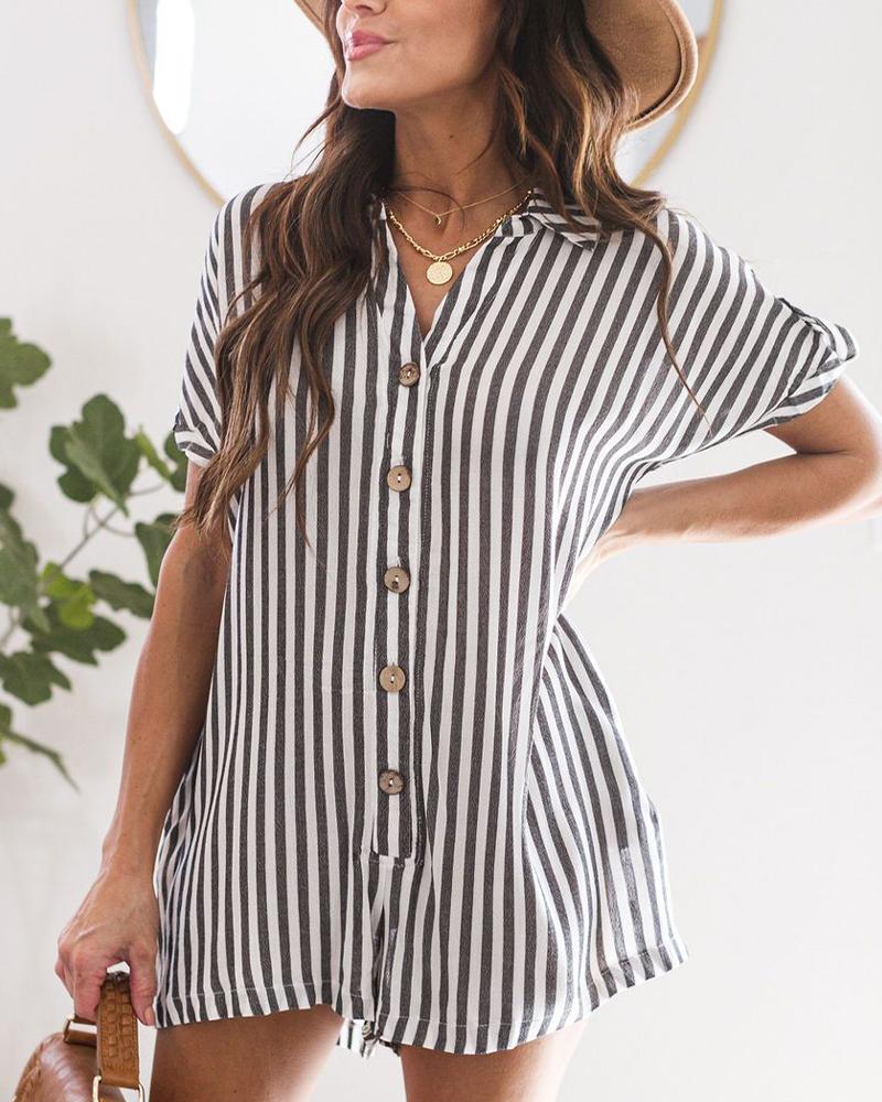

Striped Side Pocket Shirt Romper, Black&white