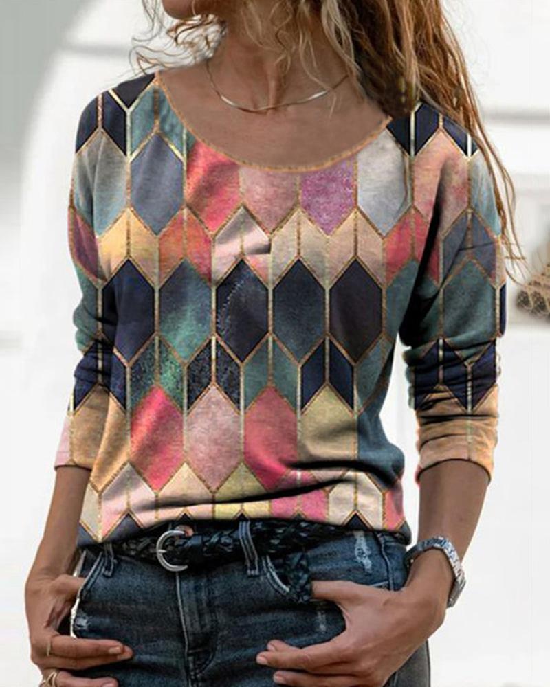 

Geometry Print Colorblock Long Sleeve Top, Pink