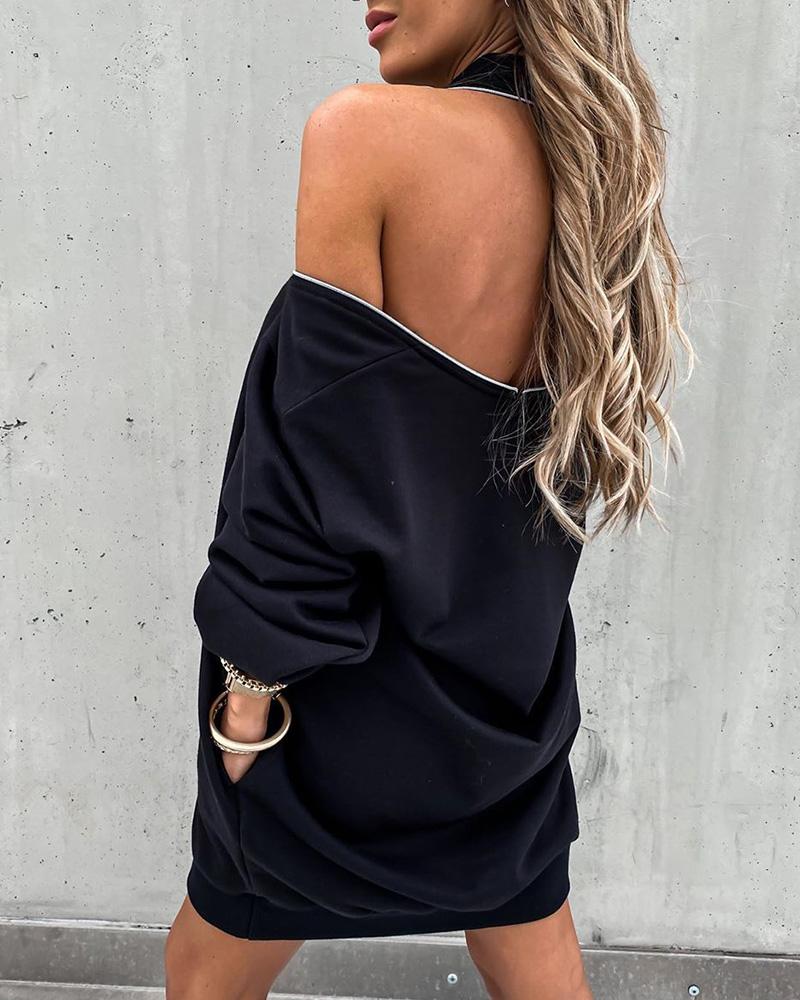 

Zipper Design Solid Long Sleeve Sweatshirt, Black