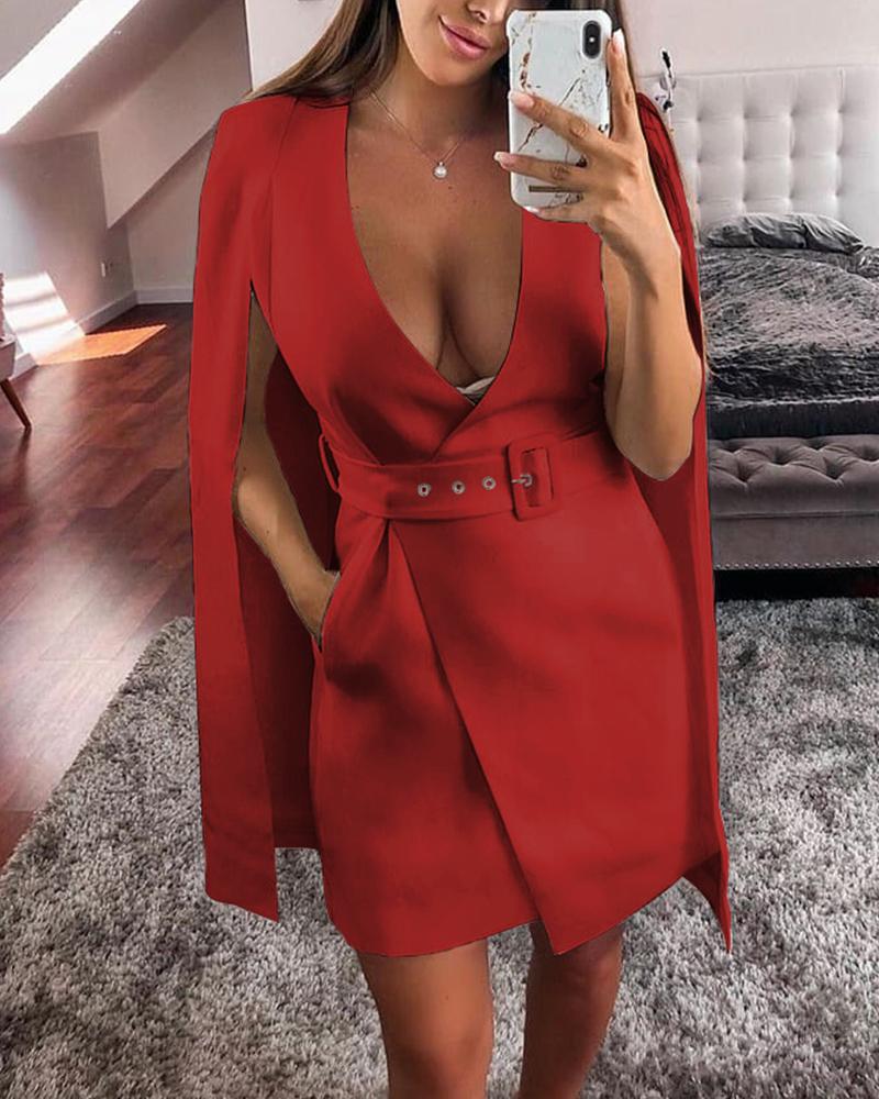 

Solid Poncho Design Belted Dress, Red