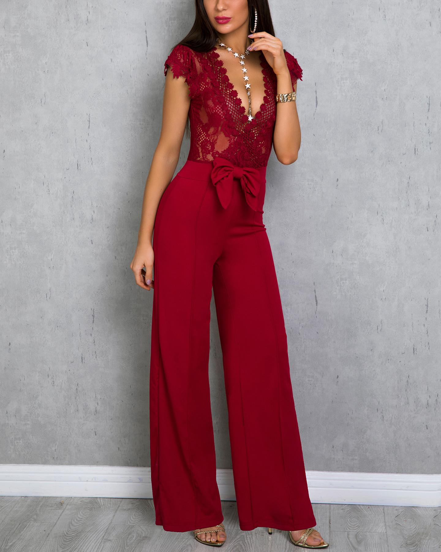 

Lace Bodice Bowknot Embellished Jumpsuit, Wine red