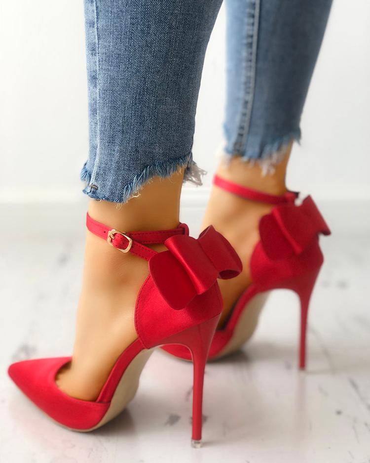 

Satin Bowknot Ankle Strap Peep Toe Heels, Red