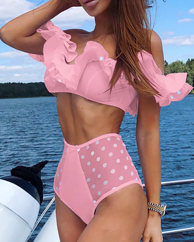 

Layered Ruffles Top & Dots Mesh Bottom Bikini Sets, Pink