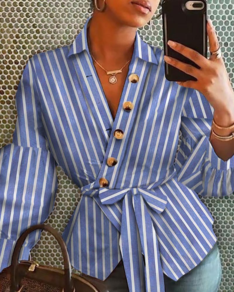 

Striped Bell Sleeve Buttoned Deisgn Shirt, Blue