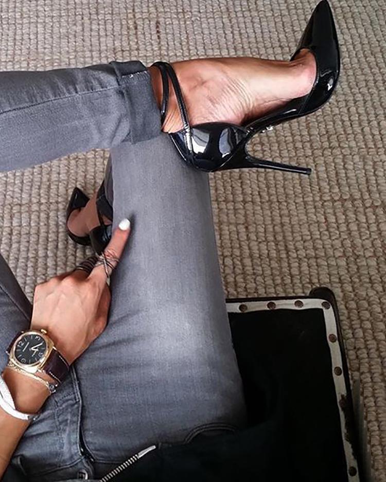 

Pointed Toe Ankle Strap Pumps, Black