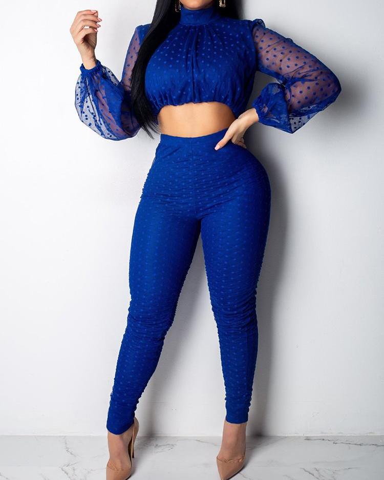 

Sheer Mesh Dot Crop Top & Pant Sets, Blue