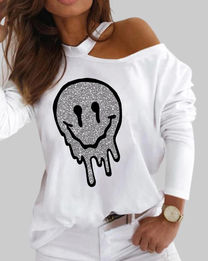 

Face Print Glitter One Shoulder Long Sleeve Top, White