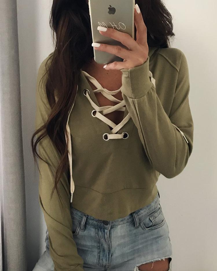 

Eyelet Lace-up Cropped Hoodie Sweatshirt, Dark blue