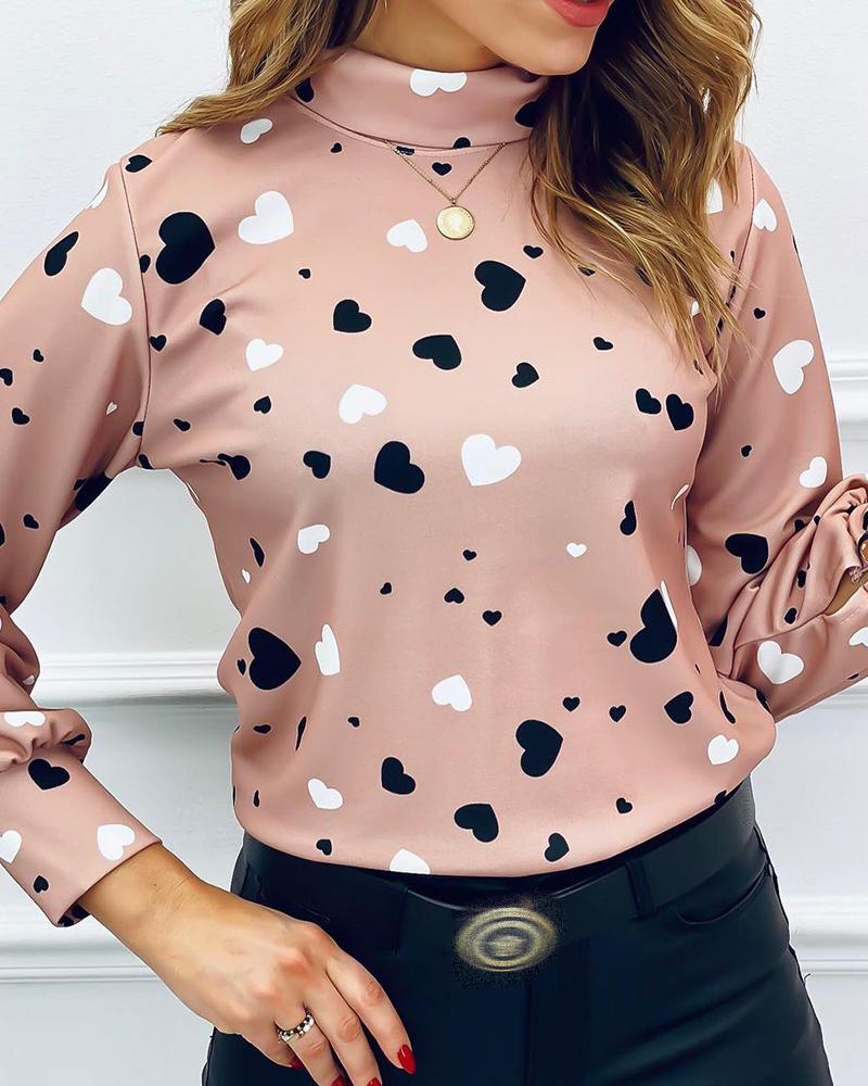 

Heart Print Lantern Sleeve Cutout Back Top, Pink