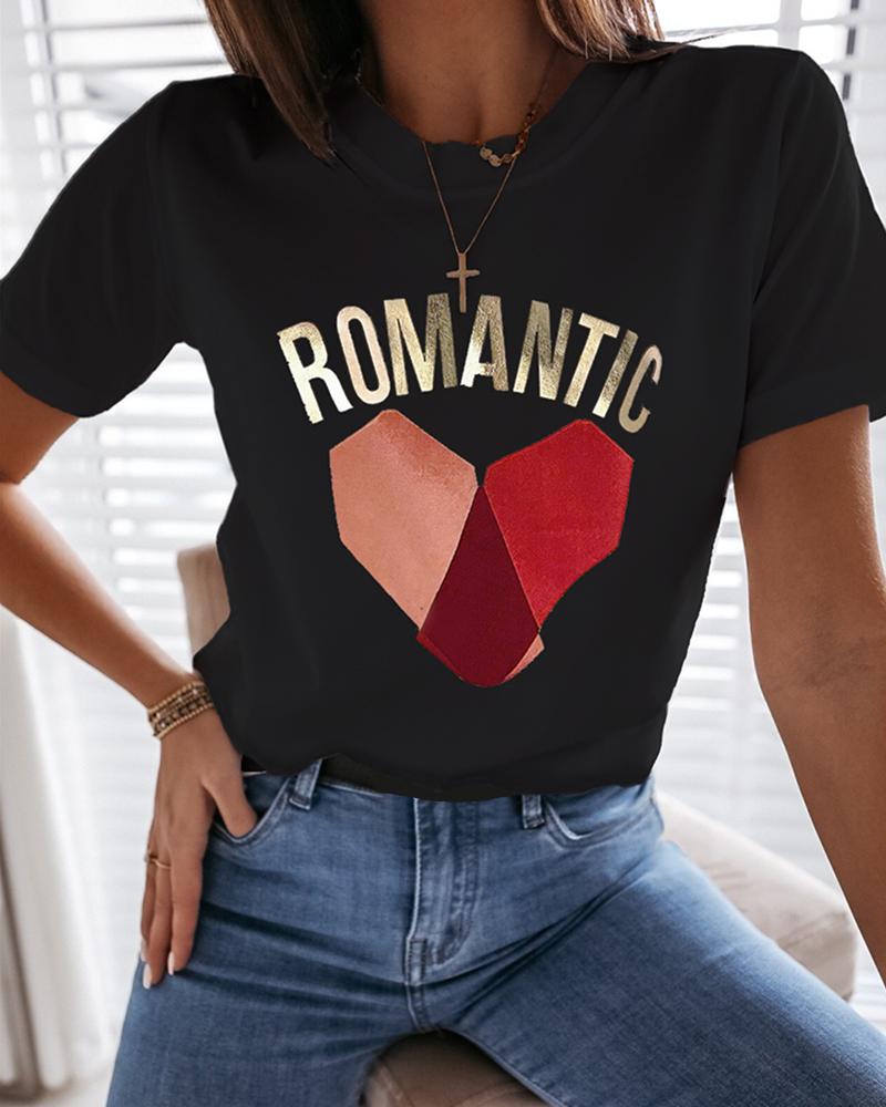 

Letter Print Heart Patter Casual T-shirt, Black