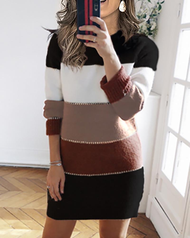 

Colorblock Fluffy Long Sleeve Casual Dress, Brown