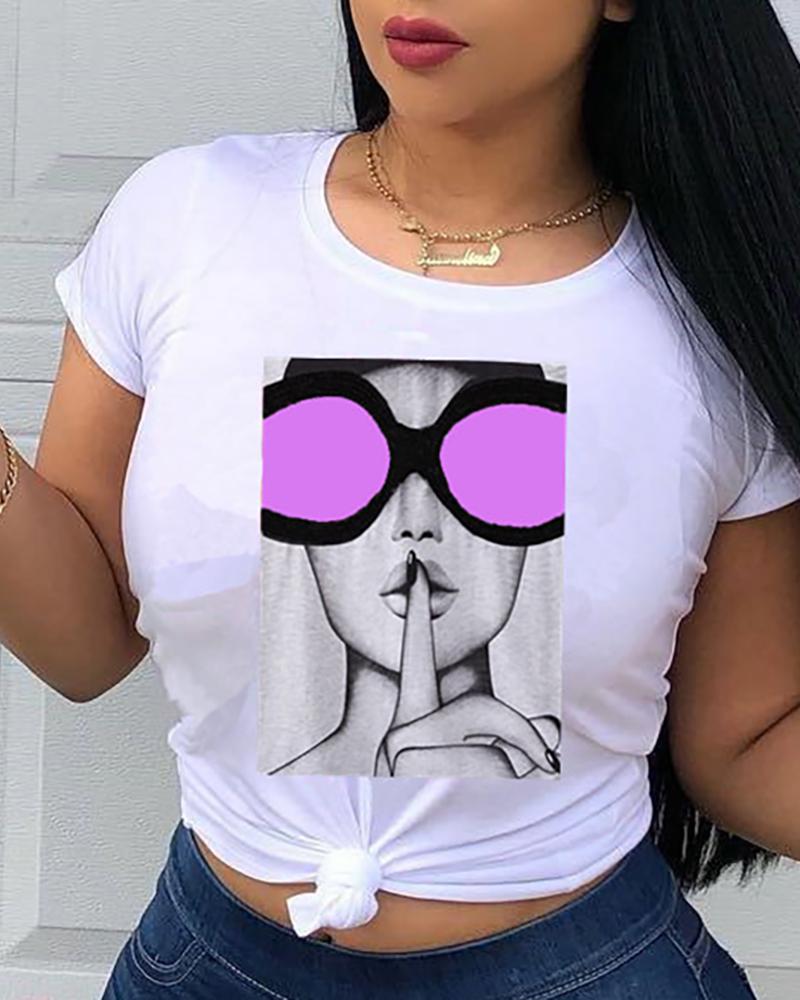 

Figure Pattern Round Neck Short Sleeve T-shirt, Purple