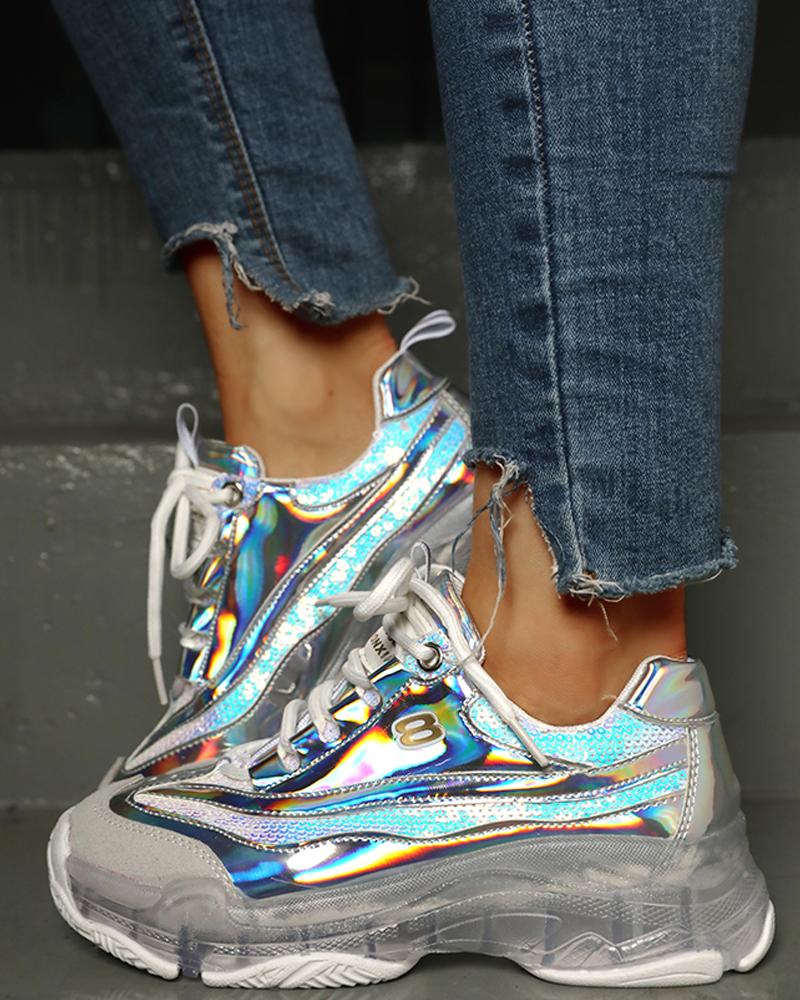 

Glitter Colorblock Breathable Lace-up Sneakers, White