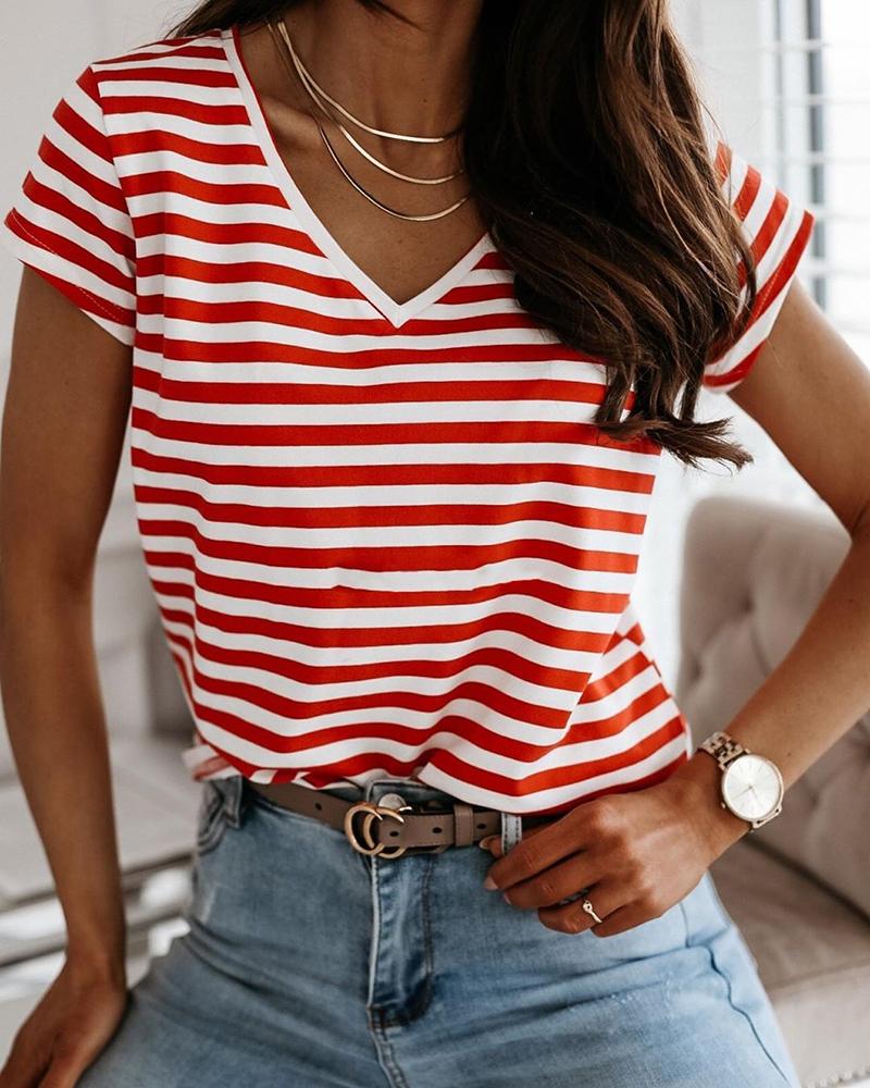 

Striped Short Sleeve Casual T-shirt, Red