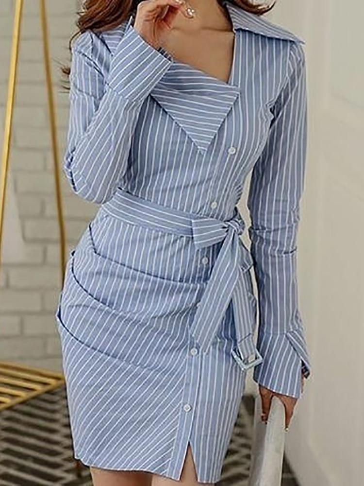 

Pinstripes Ruched Irregular Belted Shirt Dress, Blue