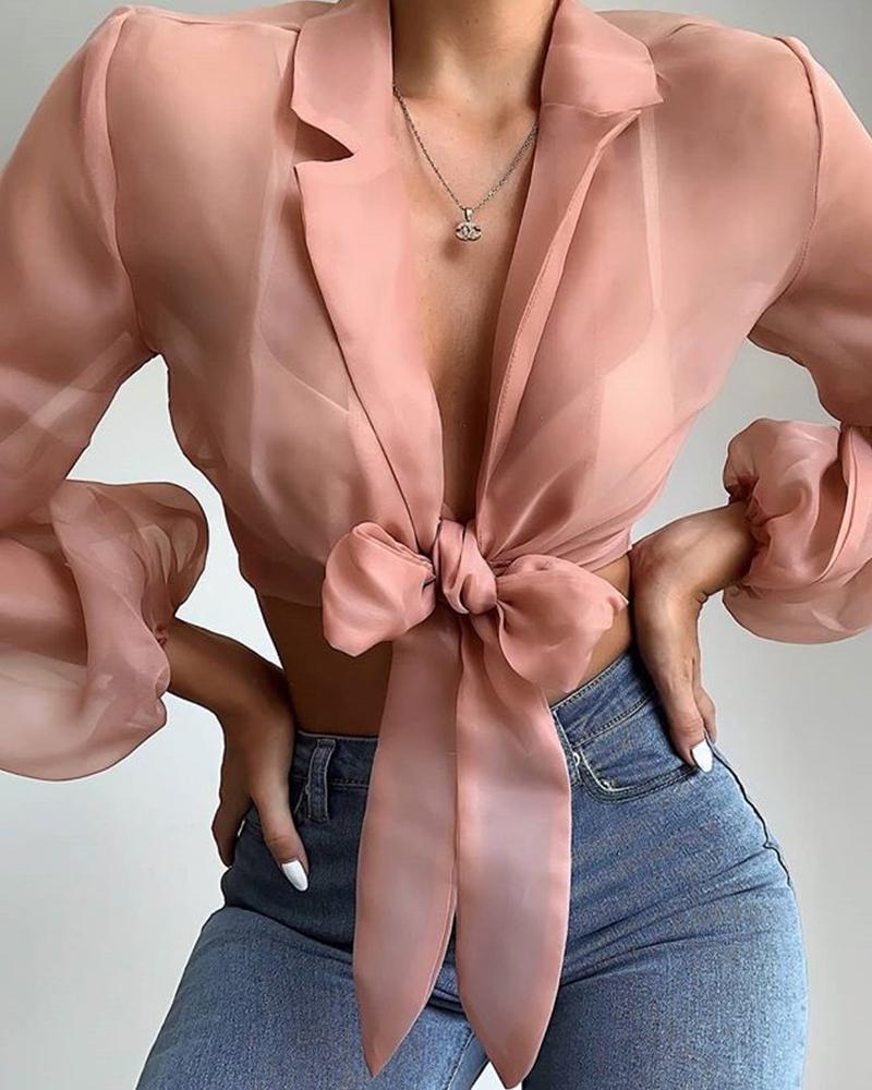 

Front Tie Lantern Sleeve Mesh Top