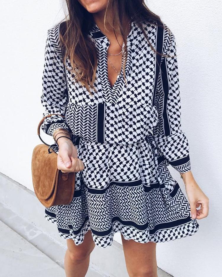 

Ethnic Print Long Sleeve Elastic Waist Casual Dress, Black