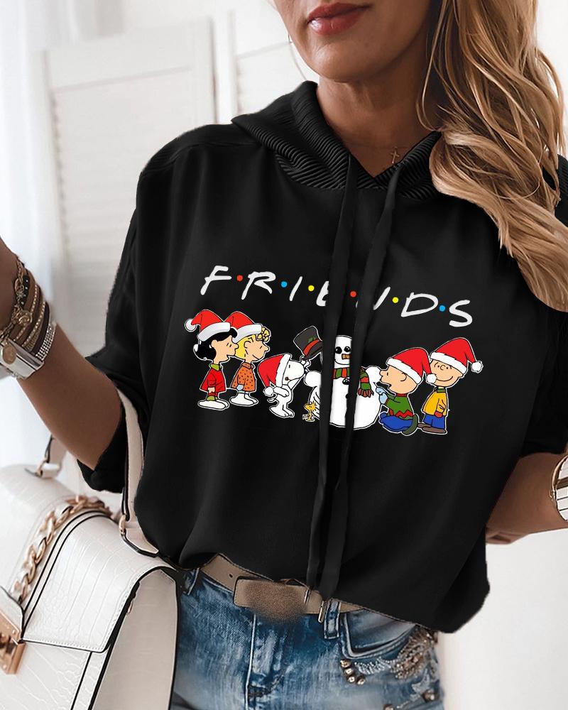 

Letter Cartoon Print Long Sleeve Casual Hoodie, Black