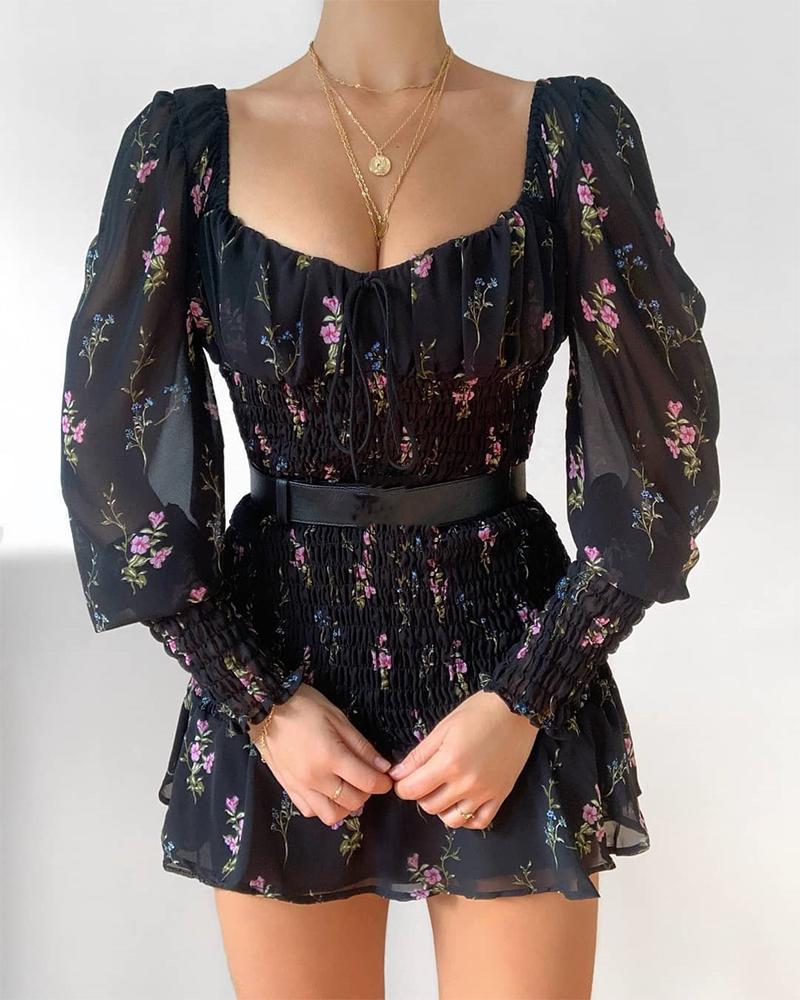 

Floral Print Bloomer Sleeeve Skinny Waist Dress, Black