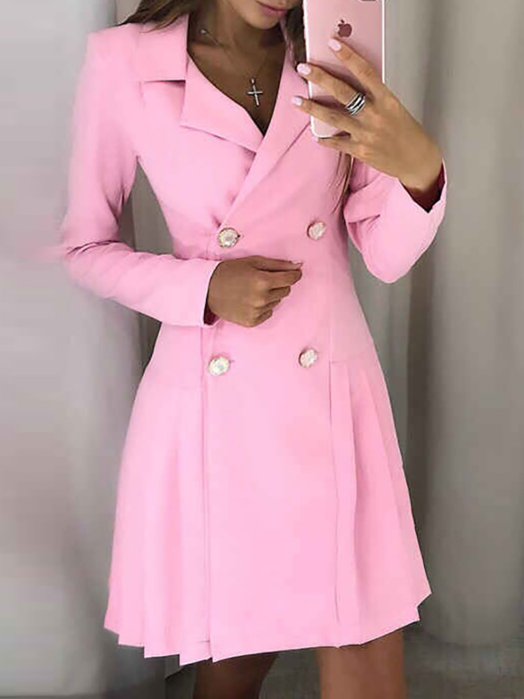 

Solid Double-Breasted Pleated Blazer Dress, Pink