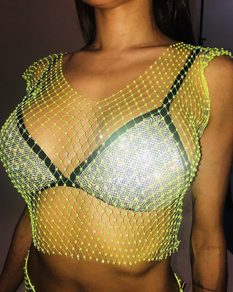 

See Through Hollow Out Studded Top, Green