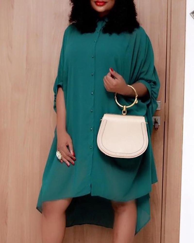 

Solid Batwing Sleeve Shirt Dress