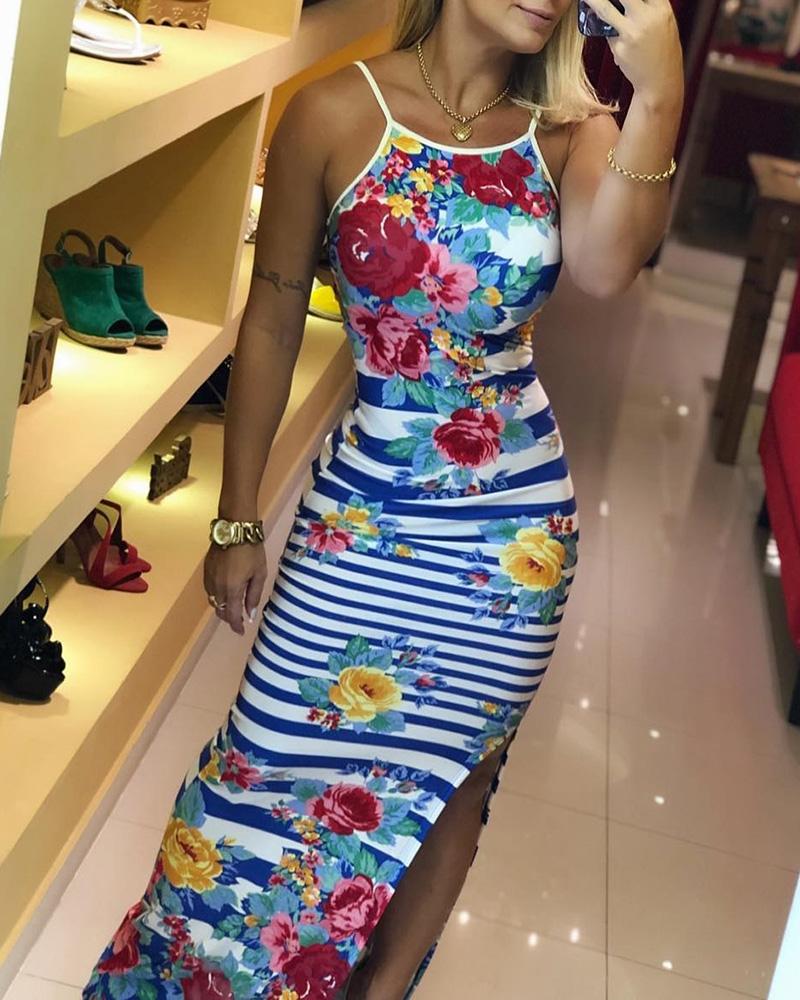

Spaghetti Strap Striped Floral Print Slit Dress, Blue