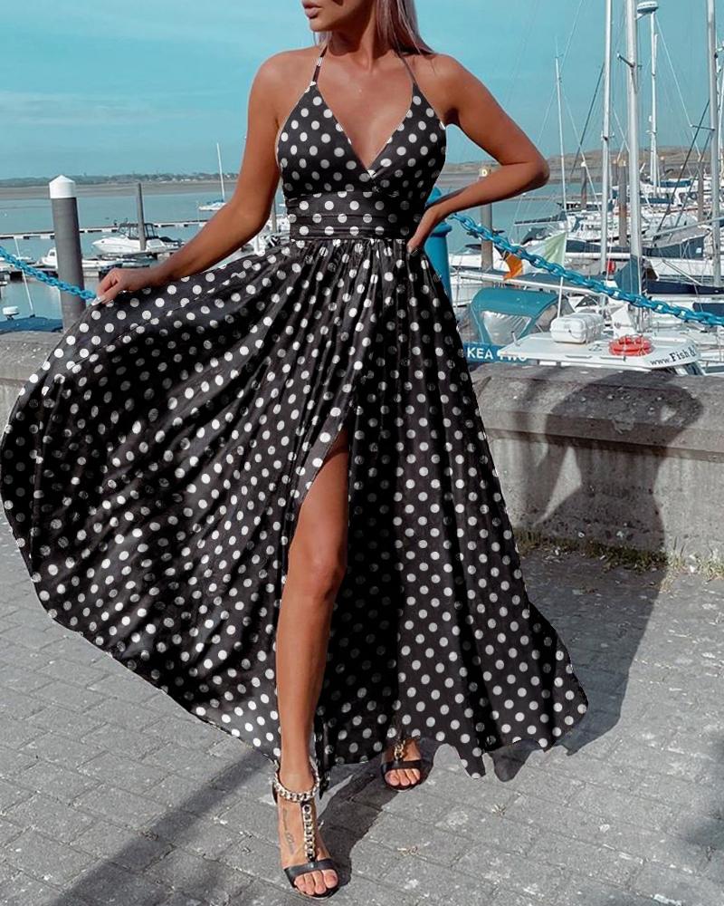 

Polka Dots Spaghetti Strap Slit Wrap Dress, Black